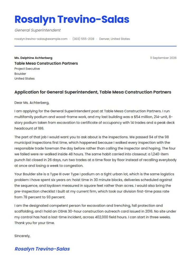 Construction Superintendent Cover Letter Examples & Templates