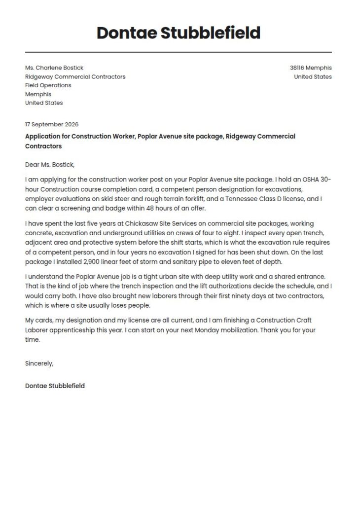 Construction Worker Cover Letter Examples & Templates