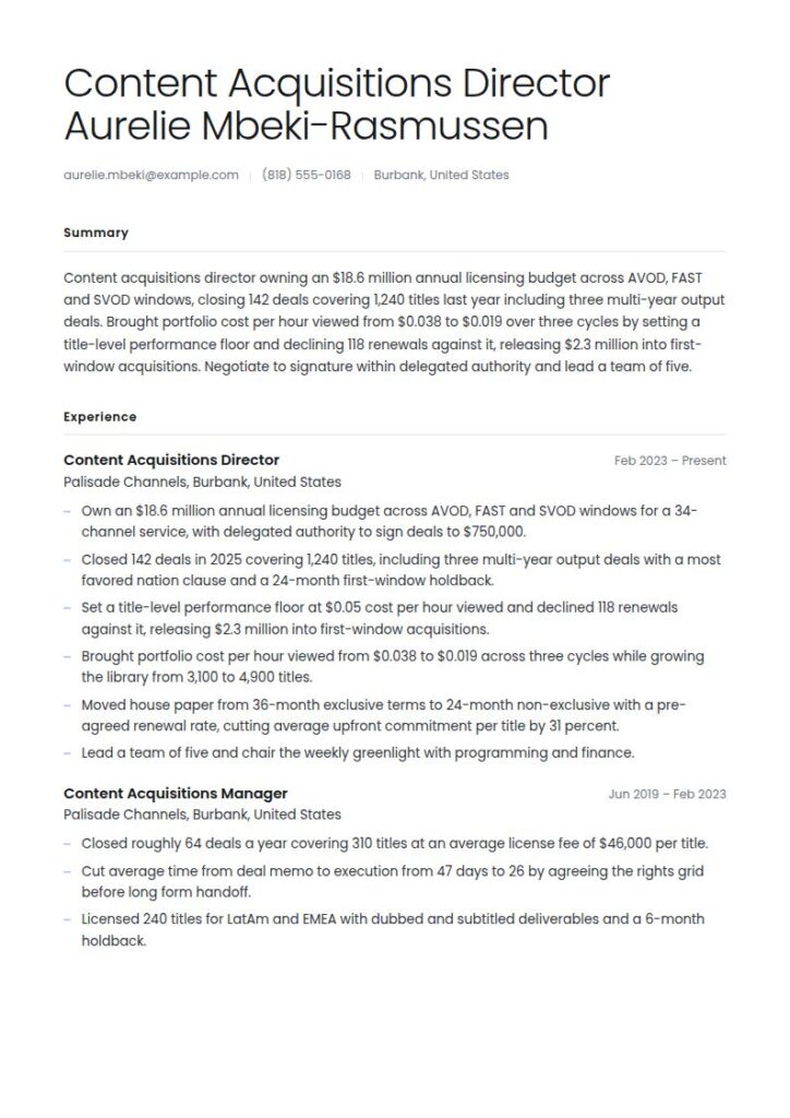 Content Acquisitions Director Resume Examples & Templates