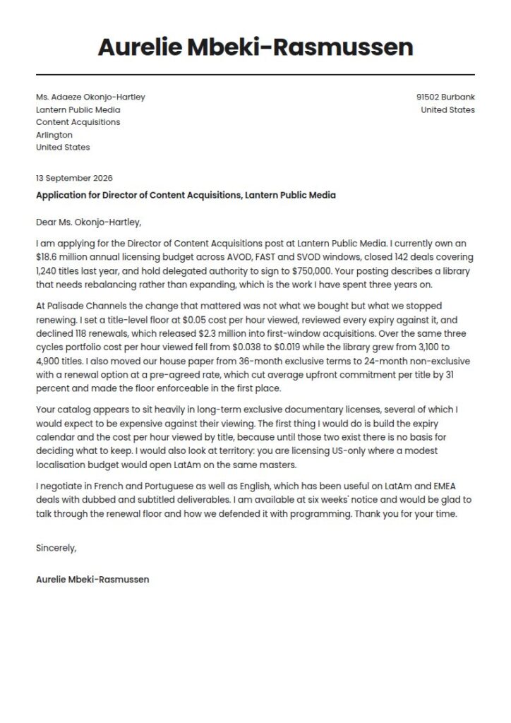 Content Acquisitions Director Cover Letter Examples & Templates