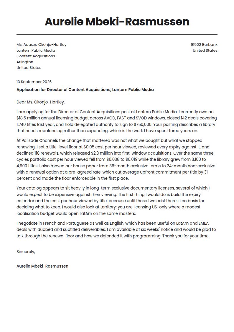 Content Acquisitions Director Cover Letter Examples & Templates