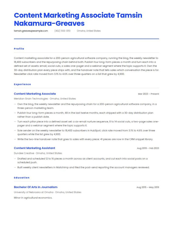 Content Marketing Associate Resume Examples & Templates