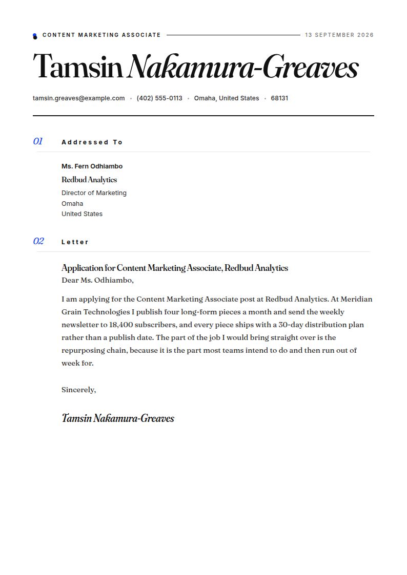 Content Marketing Associate Cover Letter Examples & Templates
