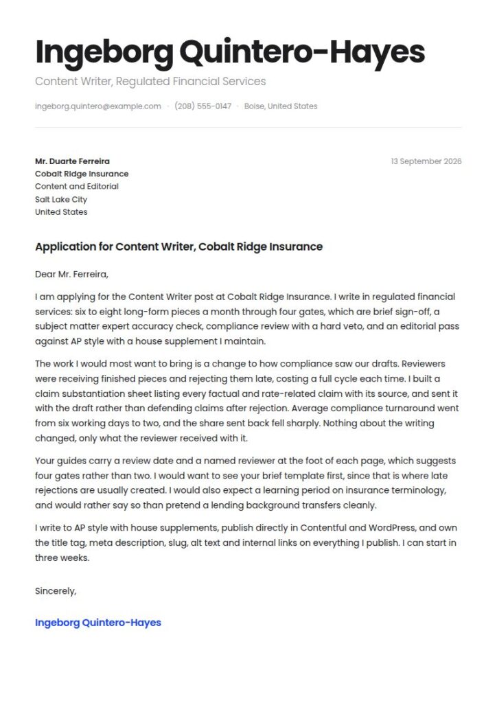 Content Writer Cover Letter Examples & Templates