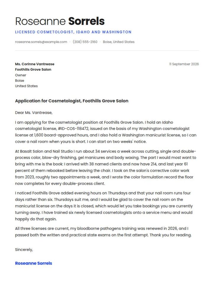 Cosmetology Cover Letter Examples & Templates