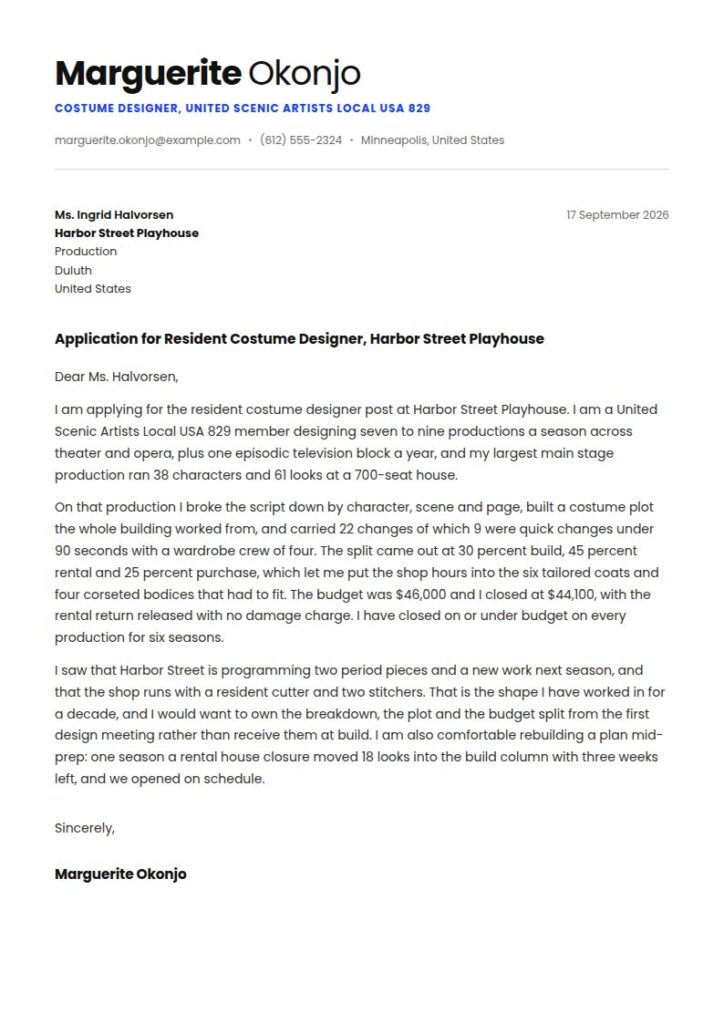 Costume Designer Cover Letter Examples & Templates