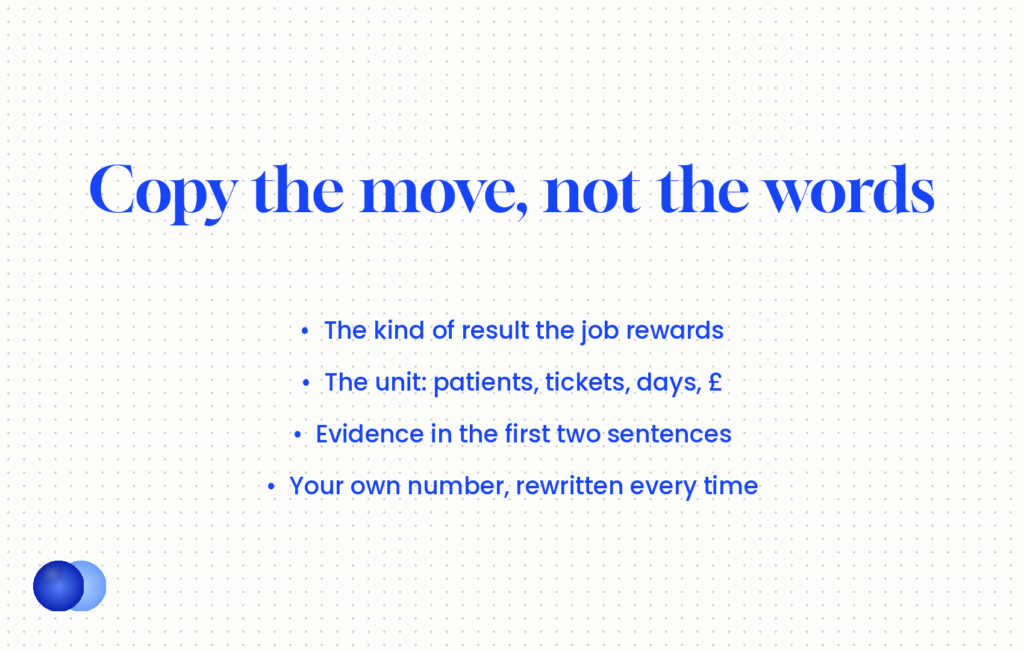 What to copy from cover letter examples — the kind of result, the unit, evidence first, and your own number