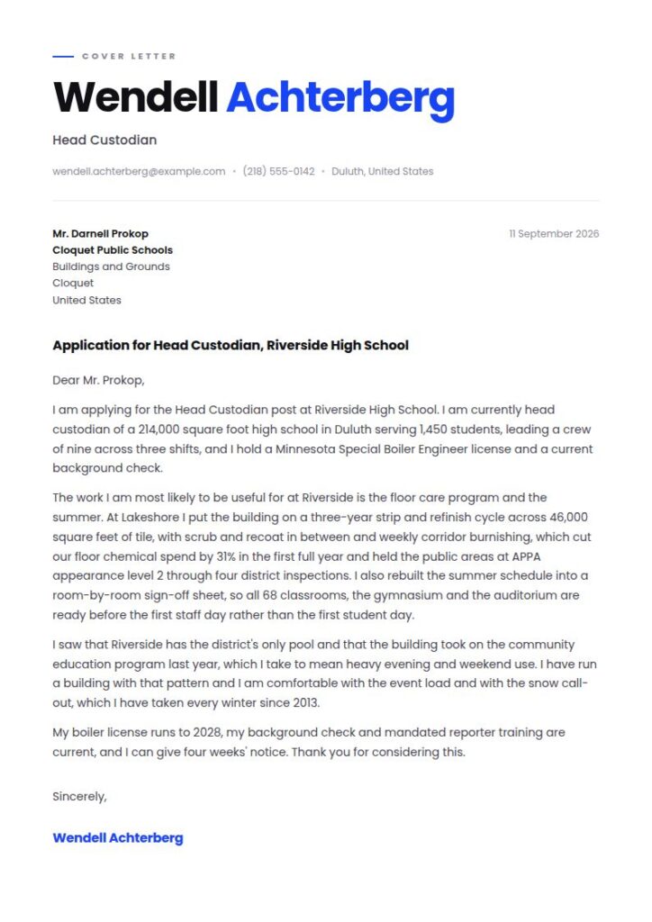 Custodian Cover Letter Examples & Templates