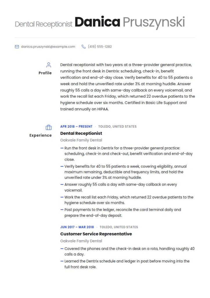 Dental Receptionist Resume Examples & Templates