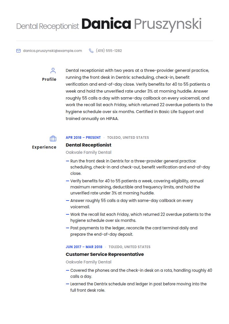 Dental Receptionist Resume Examples & Templates