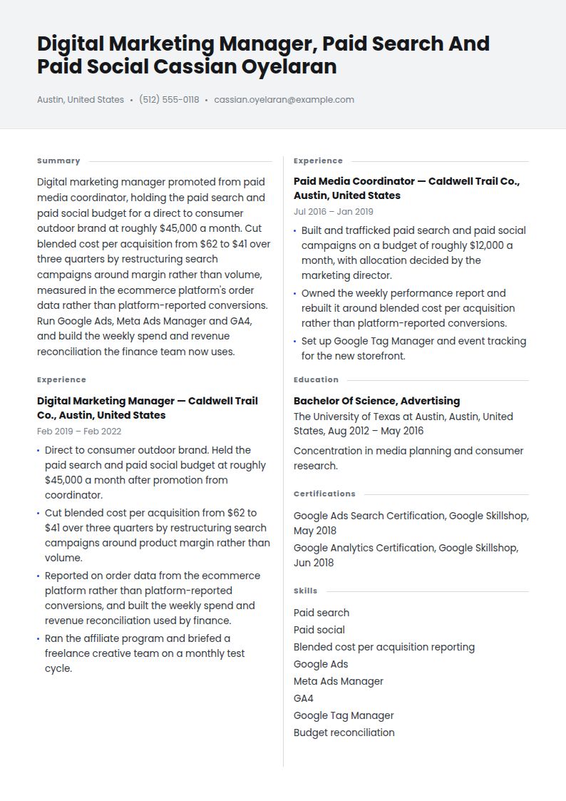 Digital Marketing Manager Resume Examples & Templates