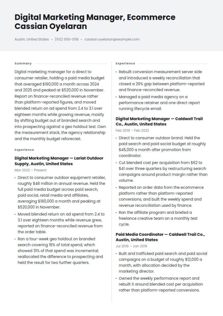 Digital Marketing Manager Resume Examples & Templates