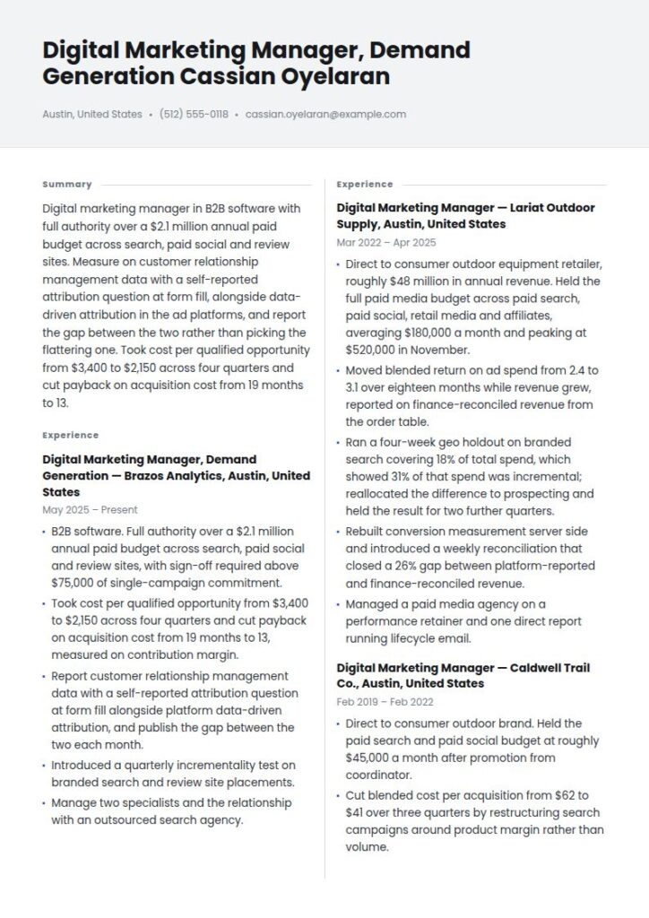 Digital Marketing Manager Resume Examples & Templates