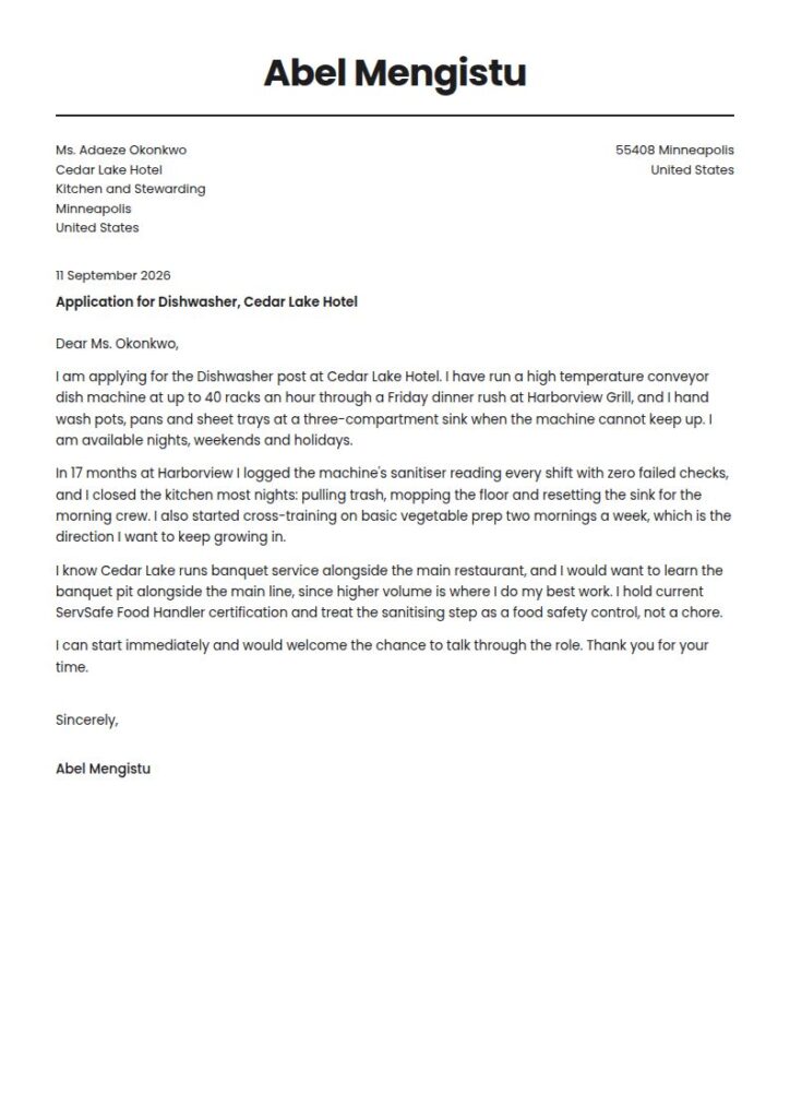 Dishwasher Cover Letter Examples & Templates