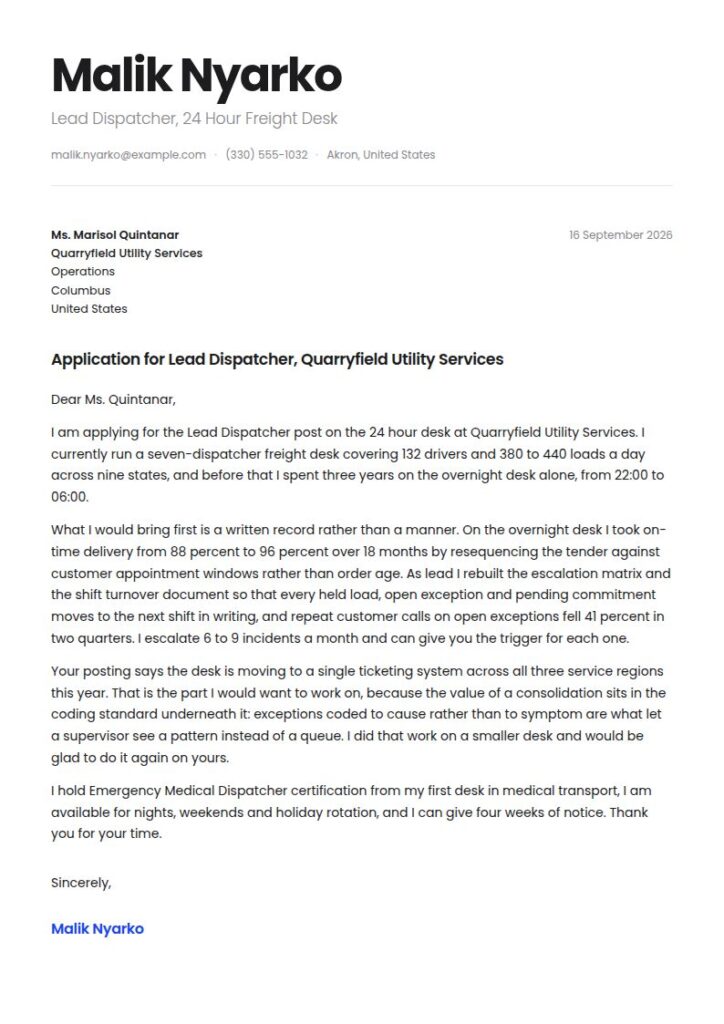 Dispatcher Cover Letter Examples & Templates
