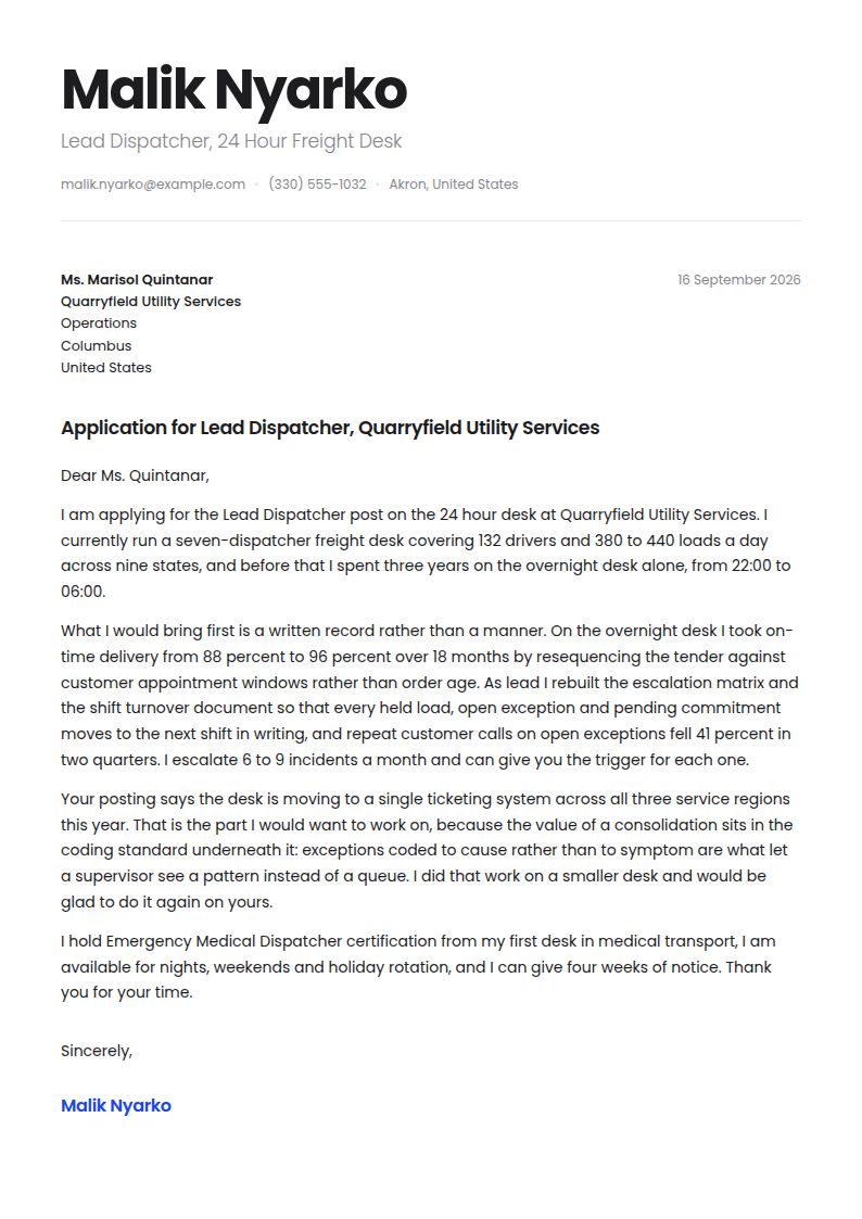 Dispatcher Cover Letter Examples & Templates