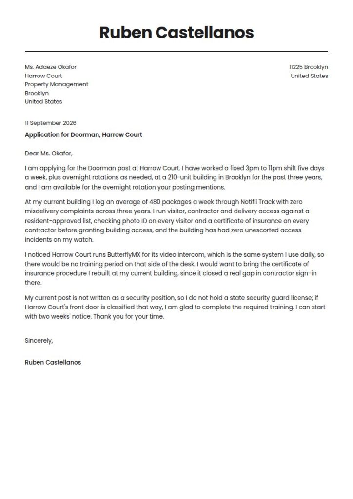 Doorman Cover Letter Examples & Templates