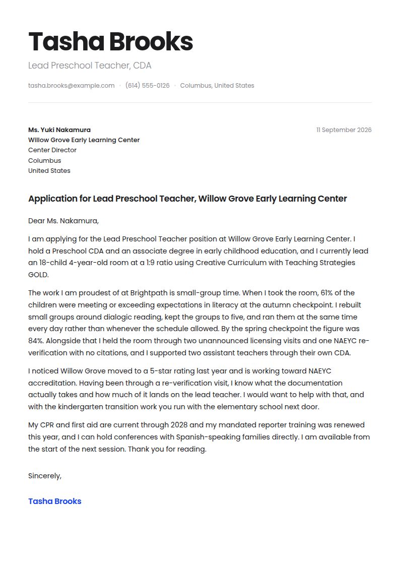 Early Childhood Educator Cover Letter Examples & Templates
