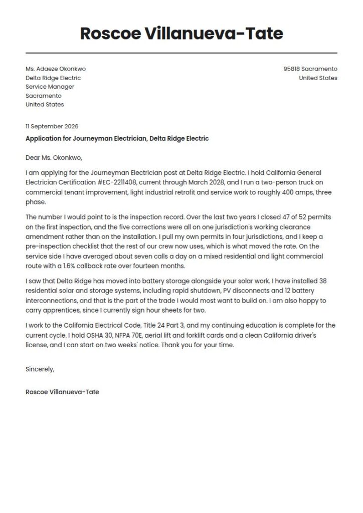Electrician Cover Letter Examples & Templates