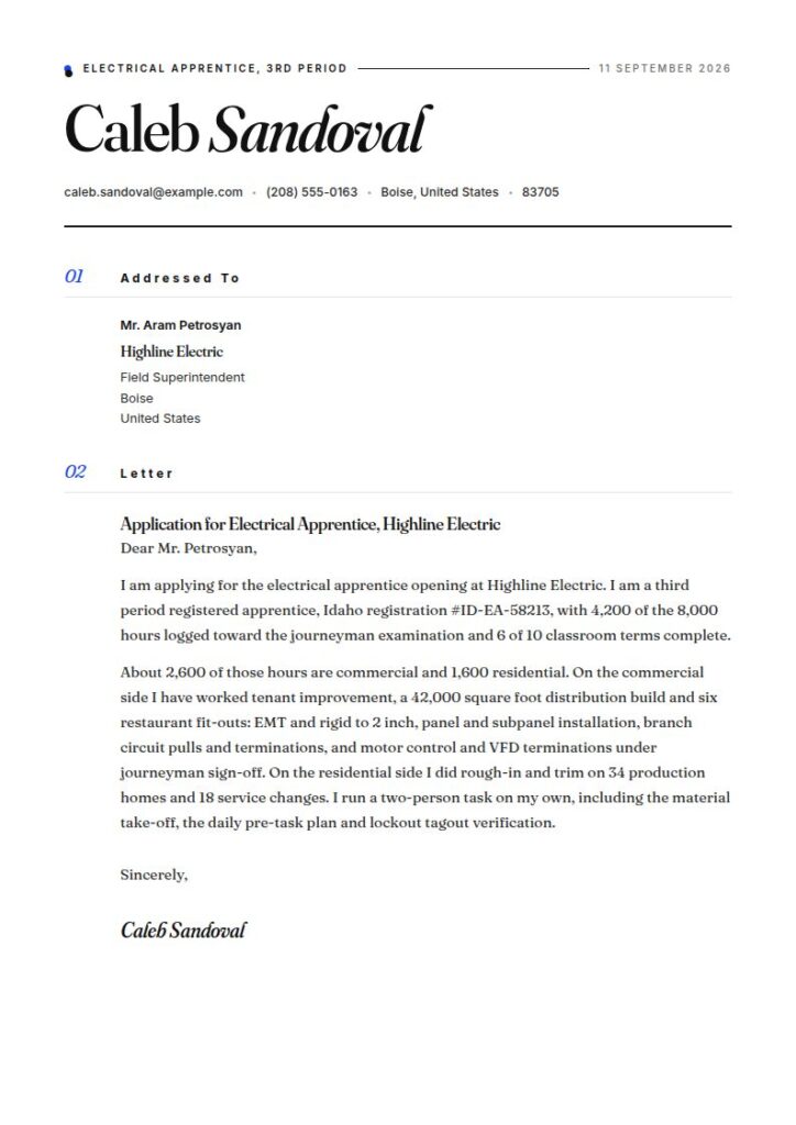 Electrician Apprentice Cover Letter Examples & Templates