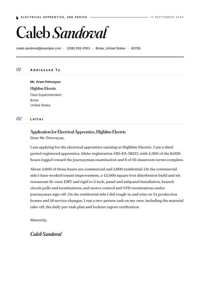Electrician Apprentice Cover Letter Examples & Templates