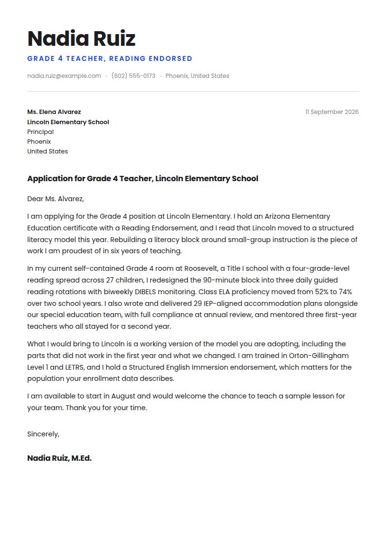 Elementary School Teacher Cover Letter Examples & Templates