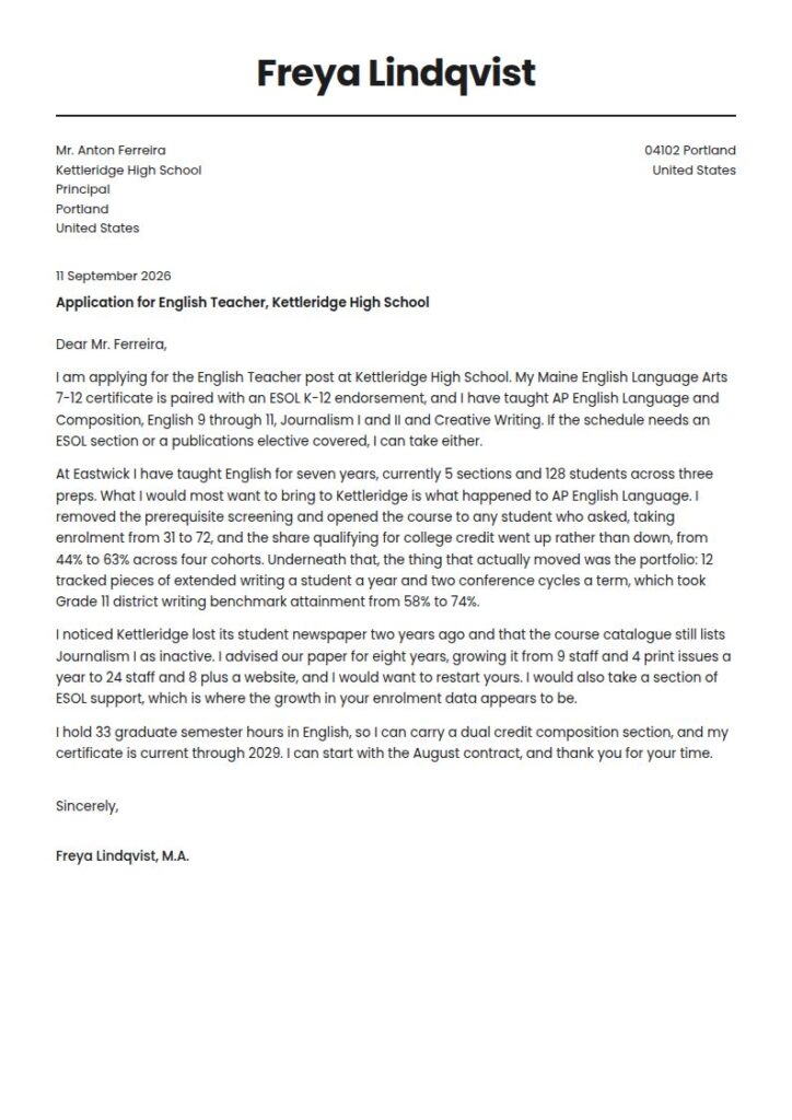 English Teacher Cover Letter Examples & Templates