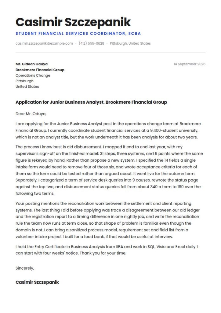 Entry Level Business Analyst Cover Letter Examples & Templates
