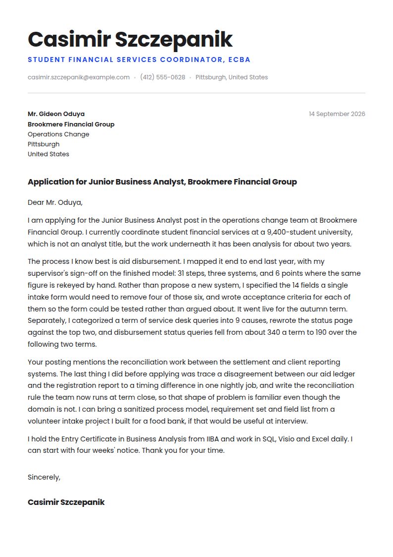 Entry Level Business Analyst Cover Letter Examples & Templates