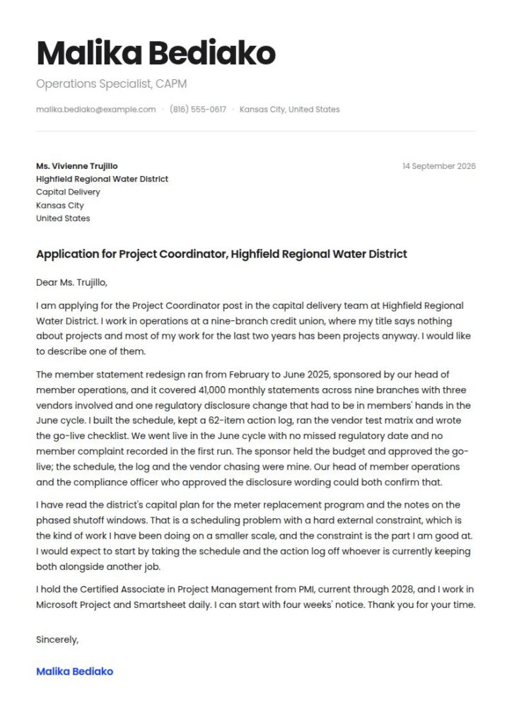 Entry Level Project Management Cover Letter Examples & Templates