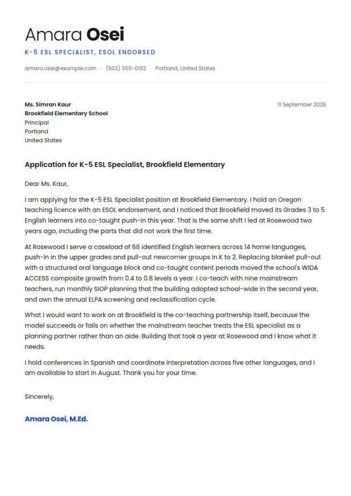 ESL Teacher Cover Letter Examples & Templates
