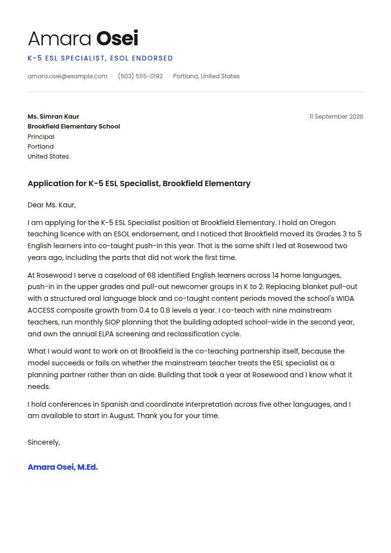 ESL Teacher Cover Letter Examples & Templates