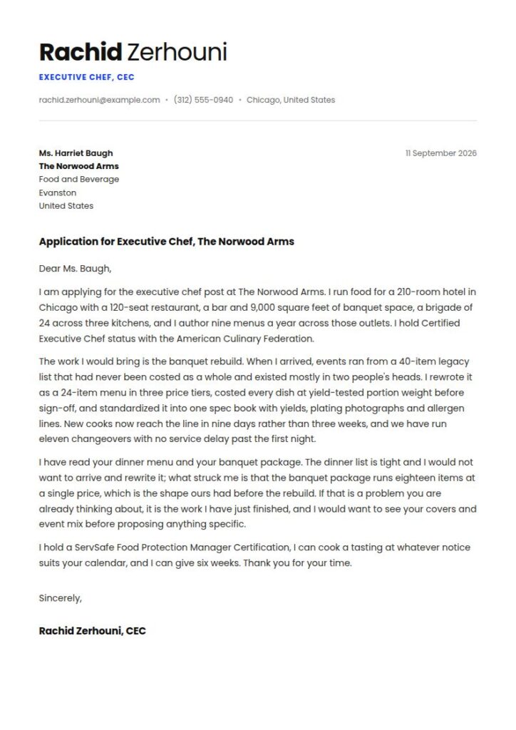 Executive Chef Cover Letter Examples & Templates