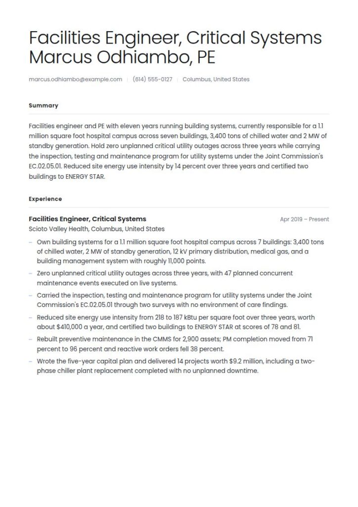 Facilities Engineer Resume Examples & Templates