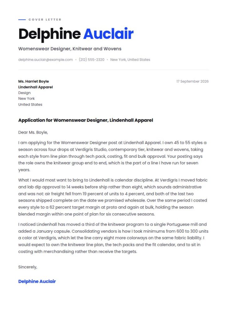 Fashion Designer Cover Letter Examples & Templates