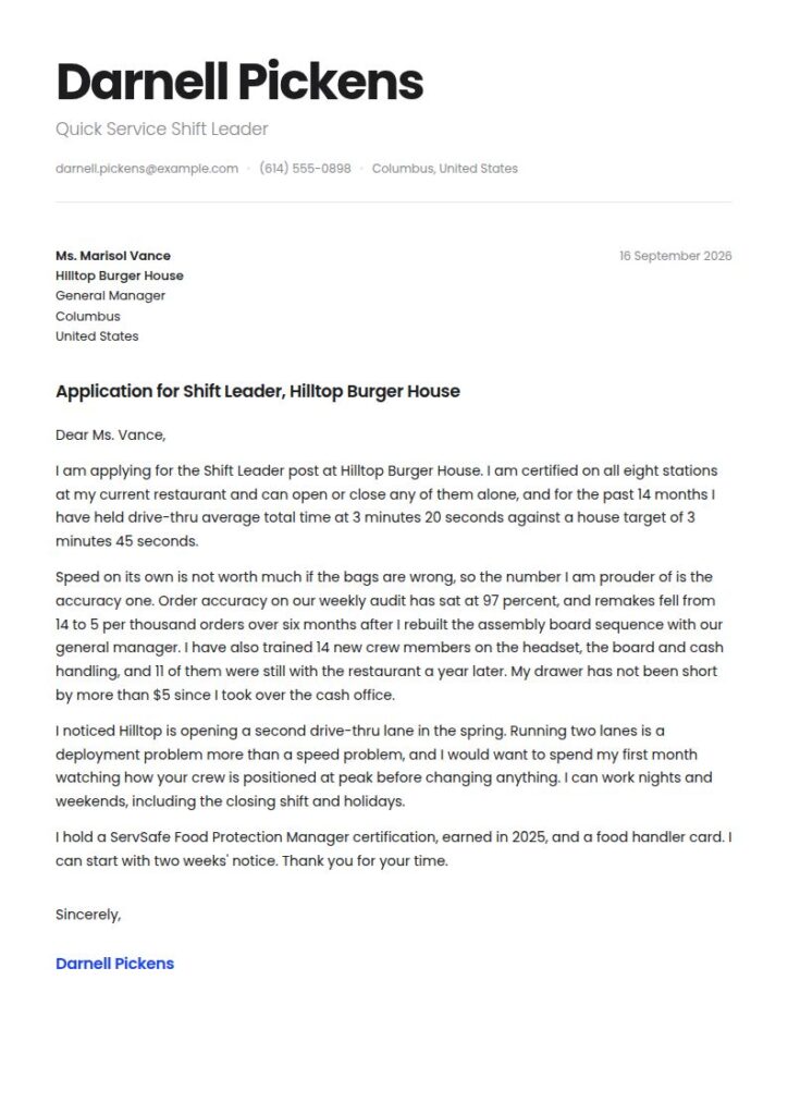 Fast Food Worker Cover Letter Examples & Templates