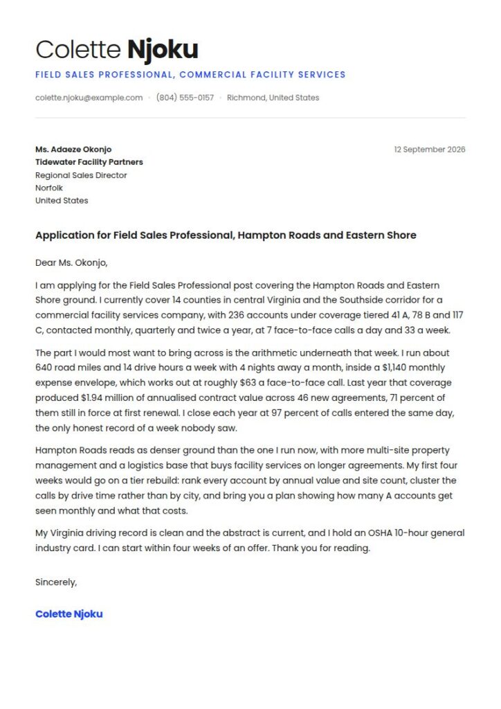 Field Sales Professional Cover Letter Examples & Templates