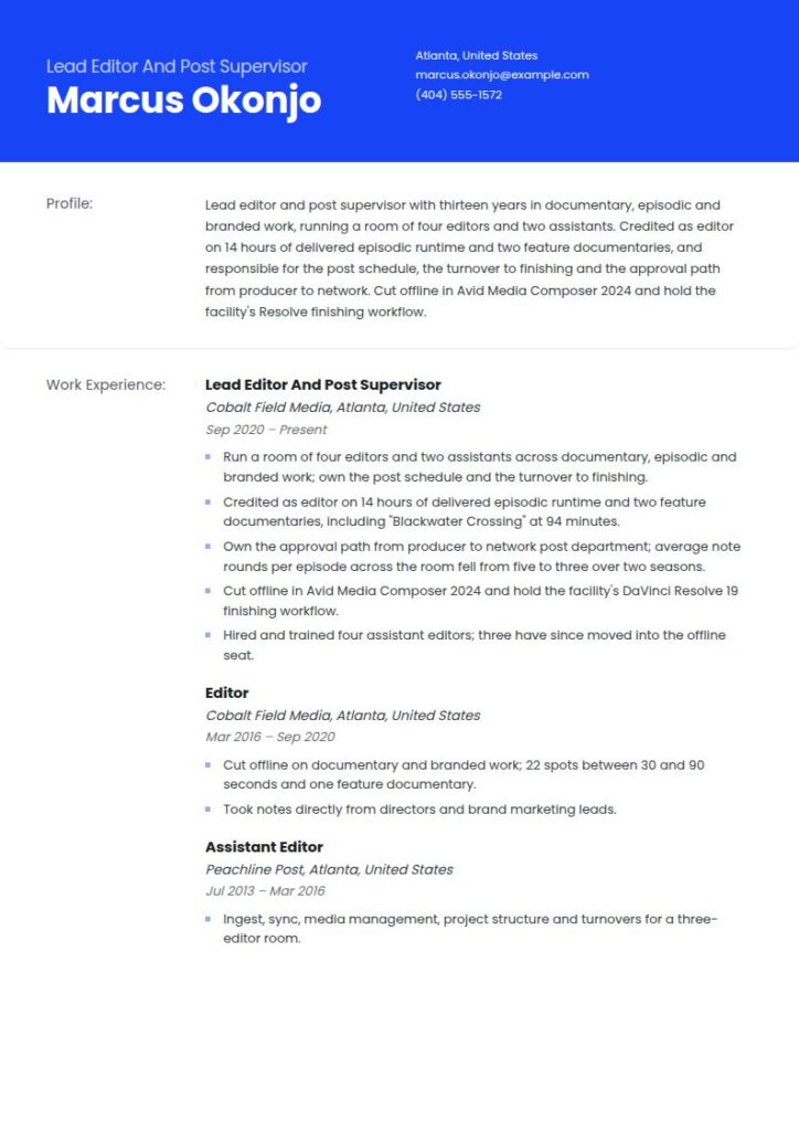 Film and Video Editor Resume Examples & Templates