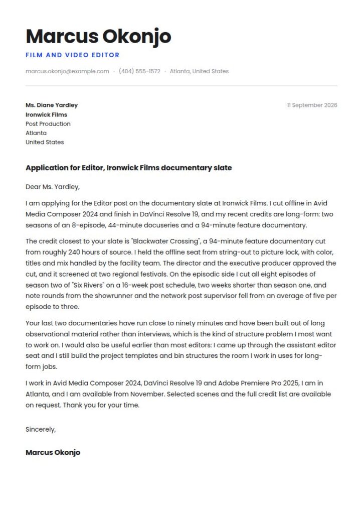 Film and Video Editor Cover Letter Examples & Templates