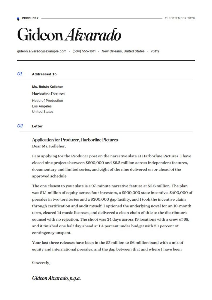Film Producer Cover Letter Examples & Templates