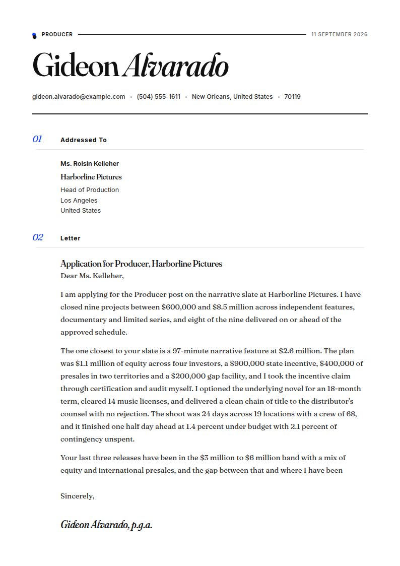 Film Producer Cover Letter Examples & Templates