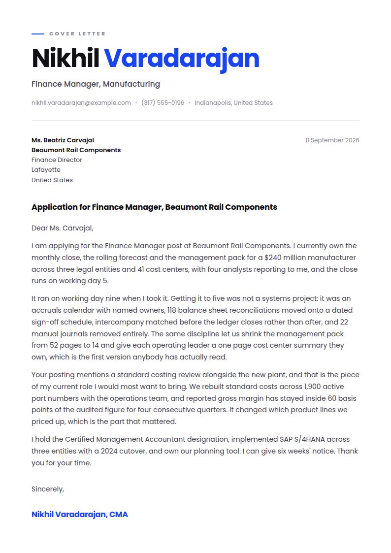 Finance Manager Cover Letter Examples & Templates