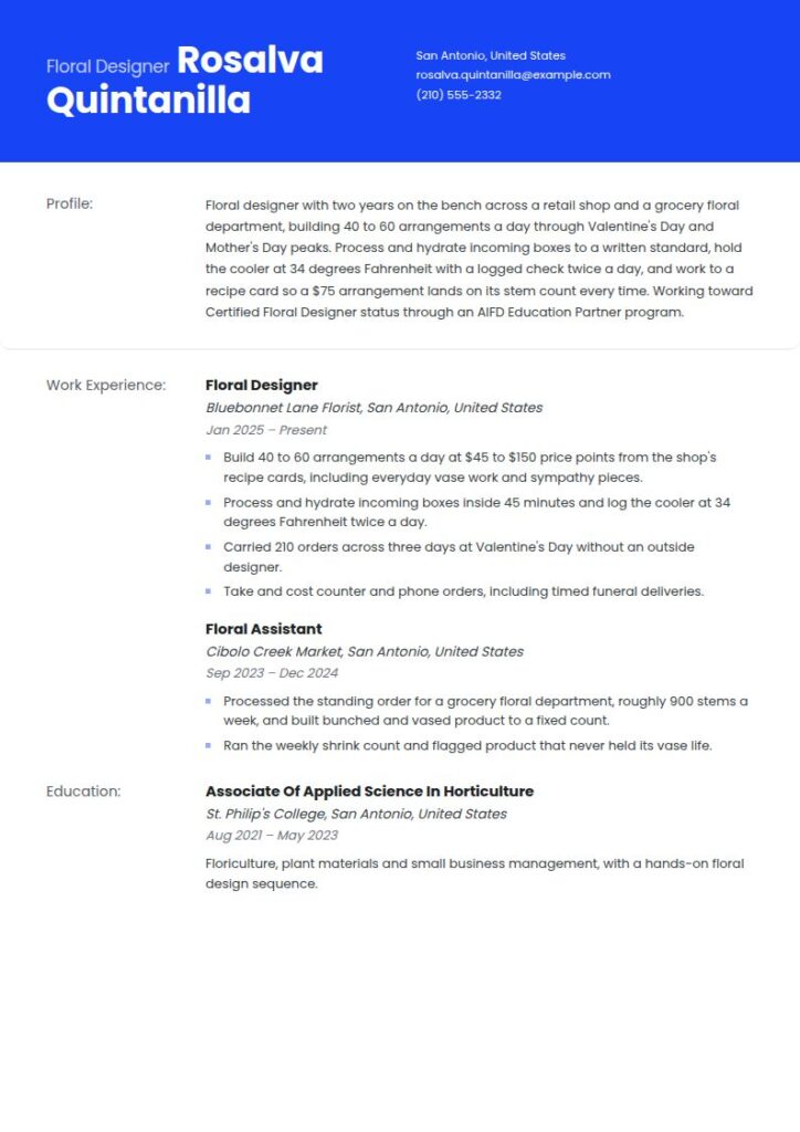 Floral Designer Resume Examples & Templates
