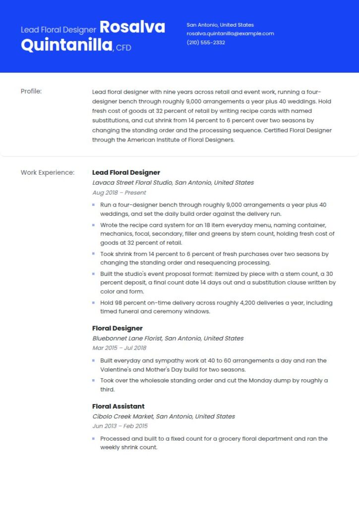 Floral Designer Resume Examples & Templates