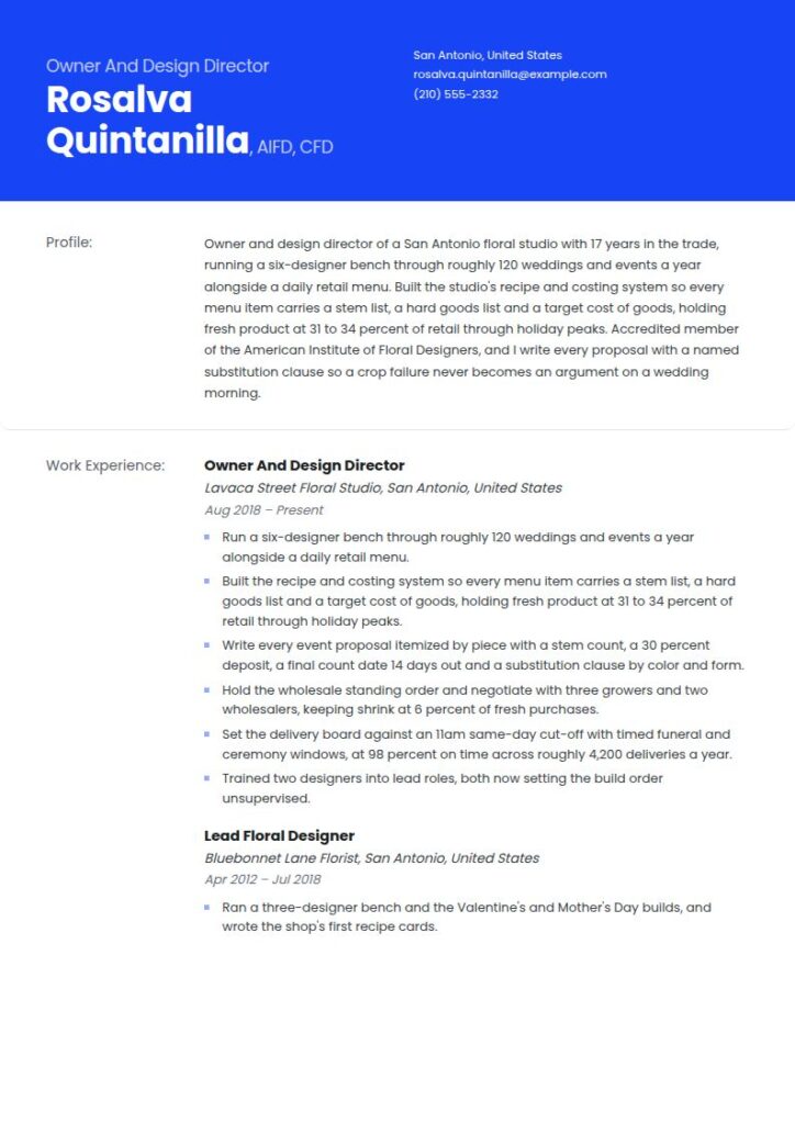 Floral Designer Resume Examples & Templates
