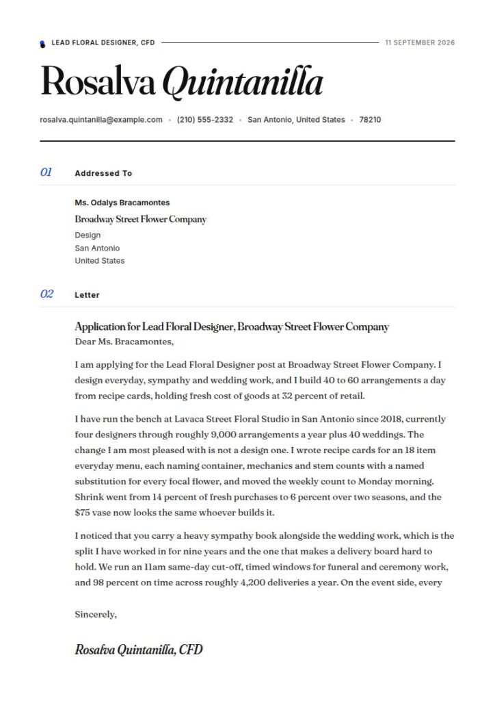 Floral Designer Cover Letter Examples & Templates
