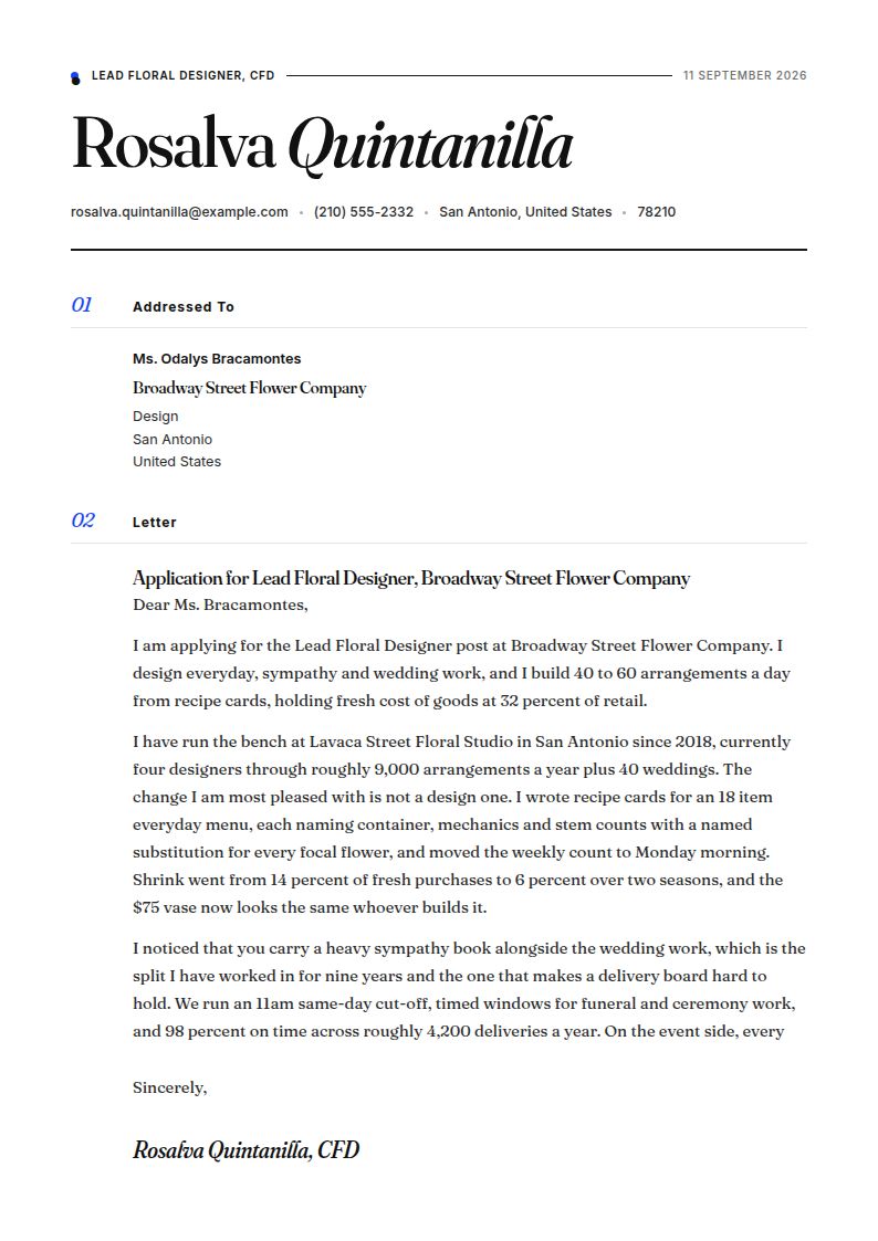 Floral Designer Cover Letter Examples & Templates