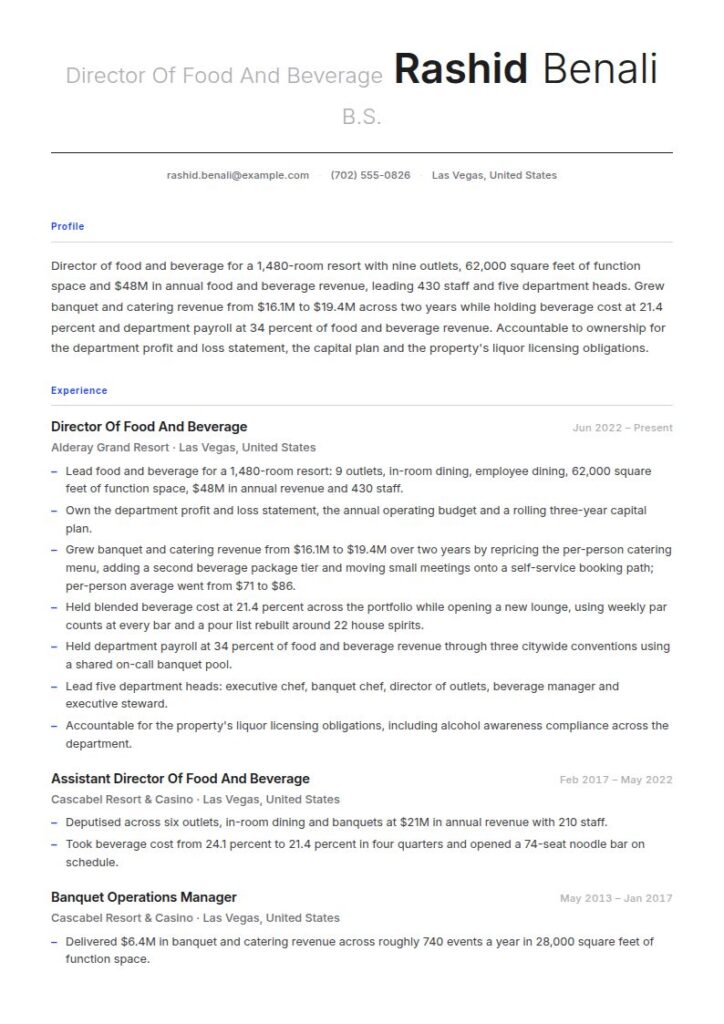 Food and Beverage Director Resume Examples & Templates