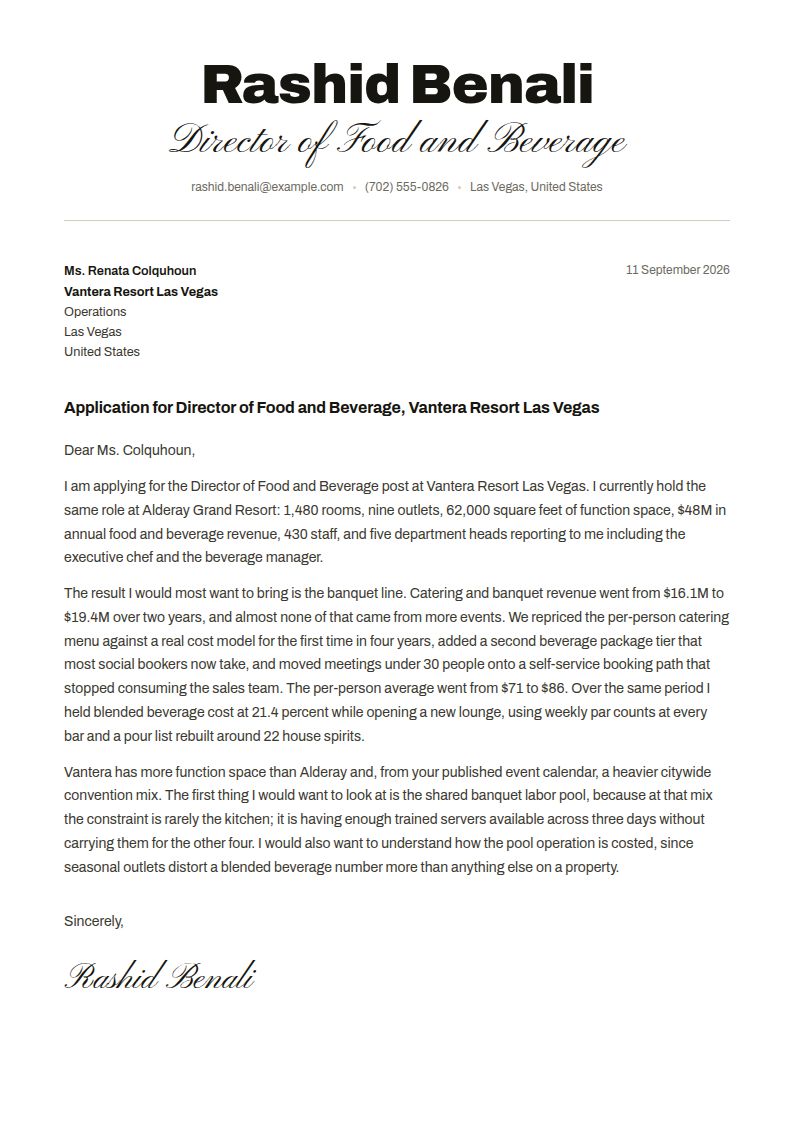 Food and Beverage Director Cover Letter Examples & Templates