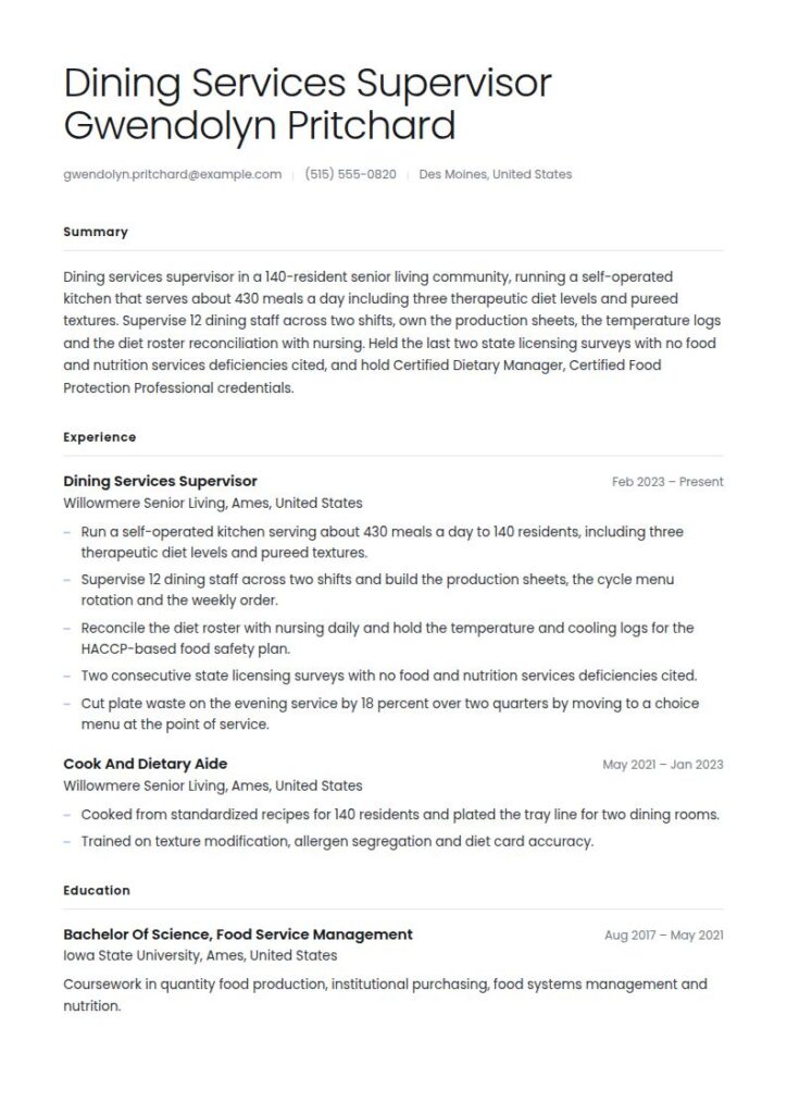 Food Services Manager Resume Examples & Templates